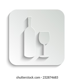 Bottle of wine and glass - vector icon with shadow on a grey button