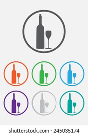 A bottle of wine and a glass vector icon. Round circle buttons with frame