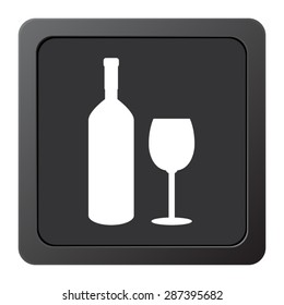 Bottle of wine and glass  - vector icon on a grey button