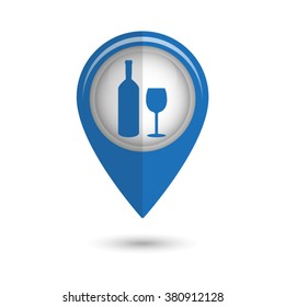 Bottle of wine and glass - vector icon;  blue map pointer