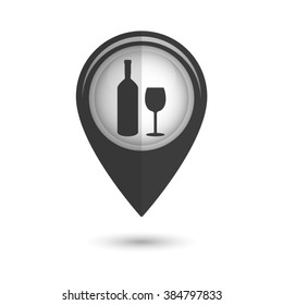 Bottle of wine and glass - vector icon;  black map pointer