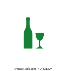 Bottle of wine and a glass. Vector icon green
