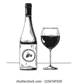 Bottle with wine and wine glass. Vector illustration
