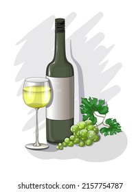 Bottle of wine with a glass of white wine and a bunch of green grapes in a cartoon style. Still life. Vector illustration on a gray background.