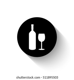 Bottle of wine and glass - white vector  icon with shadow