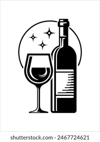 Bottle Of Wine And Glass, Wineglass Glassware Vector Art Illustration