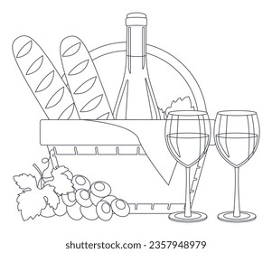 Botella de vino, vino con gafas, baguettes, uvas y una cesta de picnic. Lineal, contorno únicamente. Gráfico vectorial.