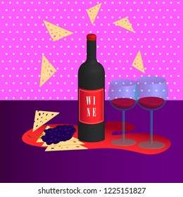 Bottle of wine with glasses, grape and cheese on violet and pink background