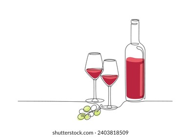 Bottle of wine with glasses, bottle and grape continuous one line drawing. Single line drawing of bottle with alcohol, wineglass, glassware, fruit and color shapes. Line art style for restaurant menu