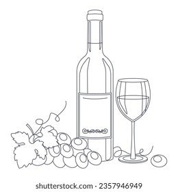 Bottle of wine, wine in glasses and grape. Lineart, outline only. Vector graphic.