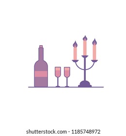 A bottle of wine, wine glasses and high three burning candles on a candlestick.
Illusion on an isolated white background in a flat modern style in purple-tone tones.
Icon for registration of holidays.