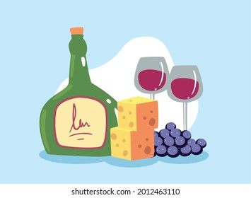 bottle wine with wine glasses and portion of cheese