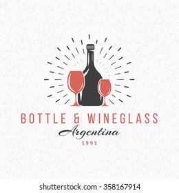Bottle and Wine Glasses. Vintage Retro Design Elements for Logotype, Insignia, Badge, Label. Business Sign Template. Textured Background