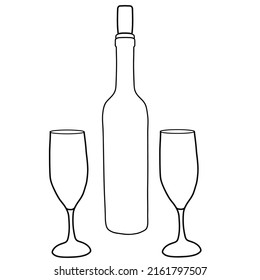 A bottle of wine with wine glasses. Without labels. Vector illustration on a white background.