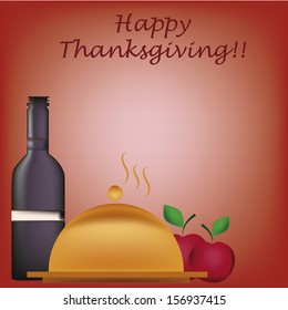 a bottle of wine with a golden dish and some apples in thanksgiving day