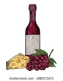 Bottle of wine with grapes and cheese