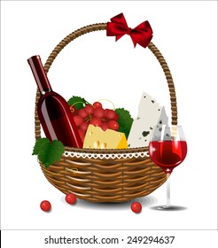 A Bottle Of Wine, Grapes And Cheese In A Wicker Basket. Set For A Picnic.