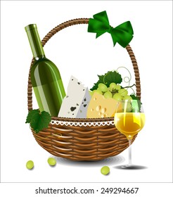 A bottle of wine, grapes and cheese in a wicker basket. Set for a picnic.