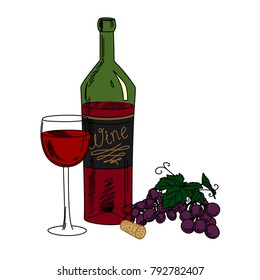 A bottle of wine, grapes and a glass on a white background