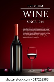 Bottle of wine with grapes on a red background. Brochure template 