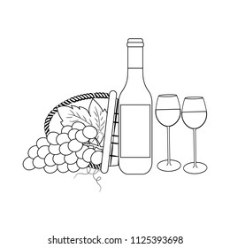 Bottle of wine and grapes on the white background. Vector illustration