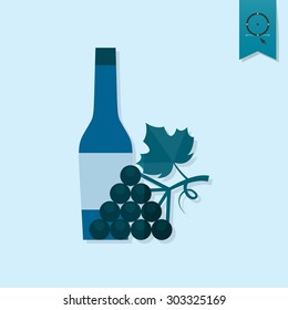 Bottle of Wine and Grapes. Single Flat Autumn Icon . Simple and Minimalistic Style. Vector