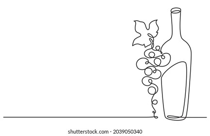Bottle of wine and grapes. Still life. Sketch. Draw a continuous line. Decor