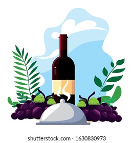 bottle wine with grapes and tray server vector illustration design