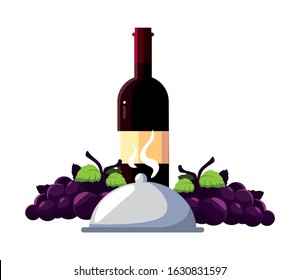 bottle wine with grapes and tray server on white background vector illustration design