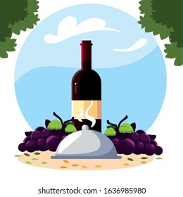 bottle wine with grapes and tray server over landscape vector illustration design