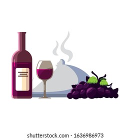 bottle wine with grapes and tray server on white background vector illustration design