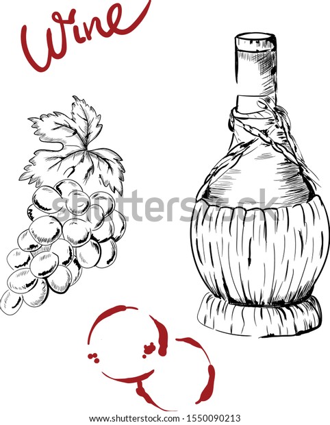 Bottle of wine, grapes , wine\'s\
smears and lettering isolated on white background. Black and red\
line art . Concept for print, web design, cars, logo, label,\
icon