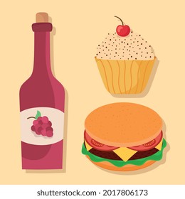 bottle of wine, hamburger and cupcake