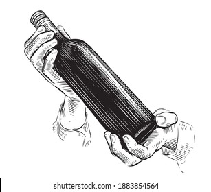 Bottle of wine in hand. Alcoholic drink sketch vintage vector illustration