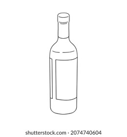 Bottle of wine hand drawn black line vector illustration isolated on white background. Glass bottle of alcoholic beverage such as grape wine or champagne.