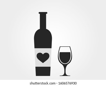 bottle of wine with heart and wineglass. valentines design element. isolated vector image