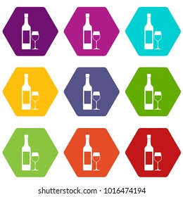 Bottle of wine icon set many color hexahedron isolated on white vector illustration