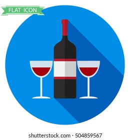 Bottle of wine, a bottle of wine icon, two glasses. Flat design, vector.