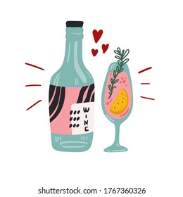 Bottle of wine. Isolated Vector illustration. Funny colored typography poster, apparel print design. Scandinavian nordic design for bar or interior or cover or textile or background.