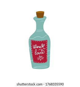 Flasche Wein. Einzelne Vektorgrafik. Frohes Typografie-Poster, Bekleidungsdesign. Skandinavisches nordisches Design für Bar, Innen- oder Decken oder Textilien oder Hintergrund.
