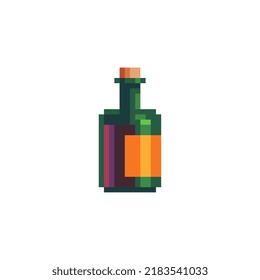 Bottle Of Wine. Isolated Vector Illustration. Pixel Art Style. 8-bit Sprite. Old School Computer Graphic Style.