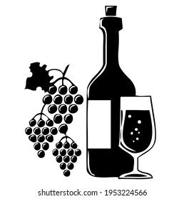 Bottle of wine with label, glass and grape, alcoholic beverage, vector, illustration, in black and white color, isolated on white background