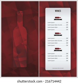 Bottle wine list with geometric background. Template for wine list. Red tone background. label for your text or logo. Vector eps 10.