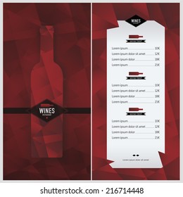 Bottle wine list with geometric background. Template for wine list. Red tone background. label for your text or logo. Vector eps 10.