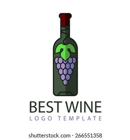 bottle of wine with  logo template bunch of grapes  and leaf