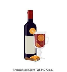 A bottle of wine and mulled wine in a glass. Vector illustration in flat style
