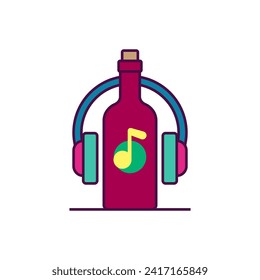 Bottle of wine with a musical note and headphones. Music and wine. Color vector.