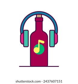 Bottle of wine with a musical note and headphones. Music and wine. Color vector.