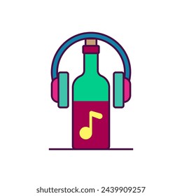 Bottle of wine with a musical note and headphones. Music and wine. Color vector.