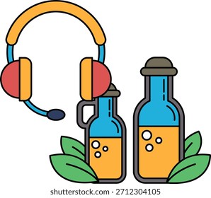 Una botella de vino está al lado de una botella de cerveza y un auricular. La Imagen transmite un ambiente relajado y casual, como las dos botellas de alcohol